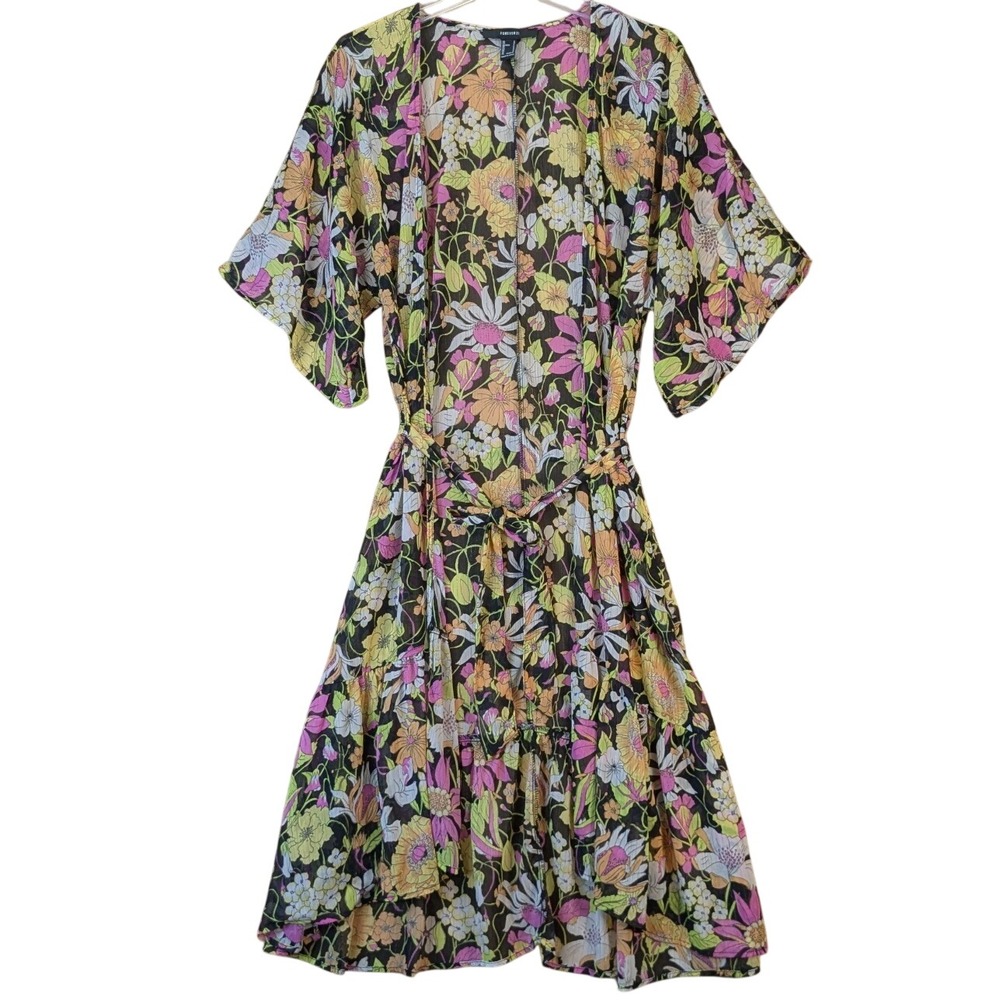 Forever 21 Boho Floral Kimono Size Small Black Pink Yellow Metallic Sheer Tiered